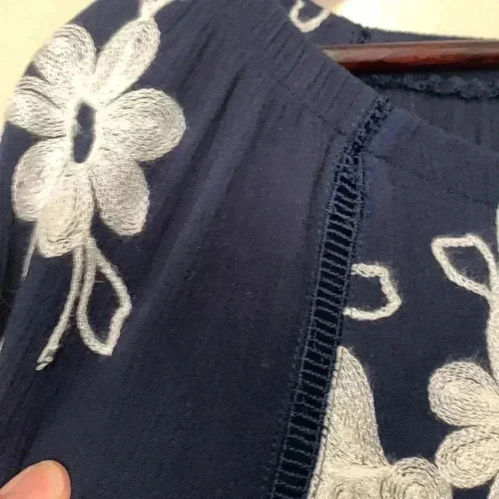 Forgotten Grace light and airy navy blue boho off the shoulders top w em… - Picture 7 of 12